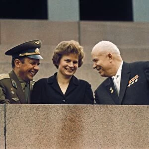Nikita khrushchev with soviet cosmonauts gagarin, popov, and tereshkova on the rostrum of lenins tomb in red square, moscow, ussr, june 22, 1963