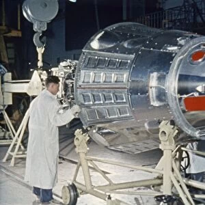 Soviet space probe sputnik 3 in the assembly shop being prepared for its launch on may 15, 1958