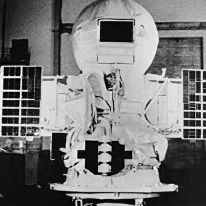 Soviet space probe venera 9 encased in a spherical heat shield in the assembly shop, 1975