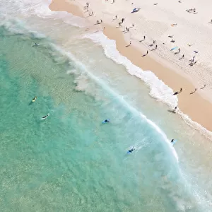 Aerial view of Surfers and people at Iconic Bondi Beach Australia