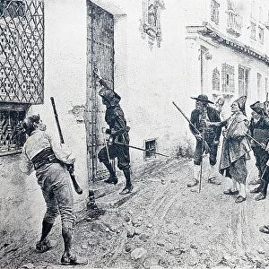 Arrest, Policeman Knocking on the Door, 1888, Argentina, Historic, digitally restored reproduction of an original 19th-century master