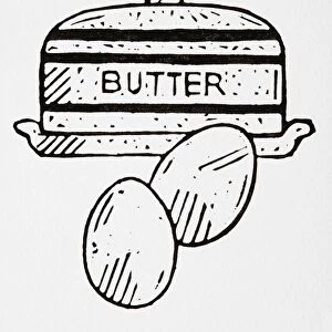 Black and white illustration of butter dish and two eggs