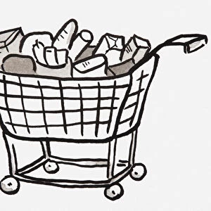 Black and white illustration of groceries in shopping trolley