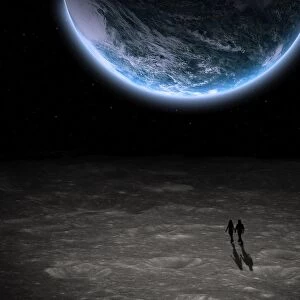 Couple walking in the moon watching the planet earth