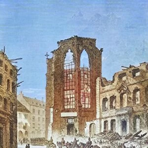 The destroyed library building in Strasbourg in 1870, illustrated war history, German, French war 1870-1871, Germany, France