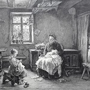 Grandmother Teaching Granddaughter to Sew, 1878, Germany, Historic, digitally restored reproduction of an original 19th century pattern
