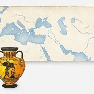 Illustration of ancient Greek urn in front of map showing the wider area where Greek pottery has been found