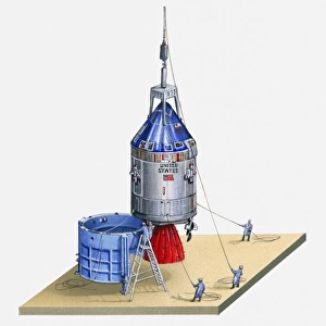 Illustration of Apollo 11 spacecraft being lifted into position