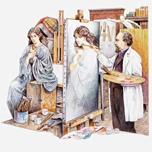 Illustration of artists model posing for Dante Gabriel Rossetti painting Proserpina in his studio