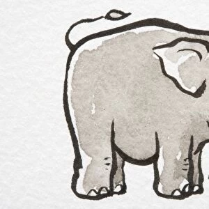 Illustration, Elephant standing with its tail flipped up, side view