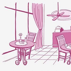 Illustration in pink, cafe or bar with one chair each at three tables, window with pulled back curtain, till on counter, shelves in background, ceiling fan buzzing overhead