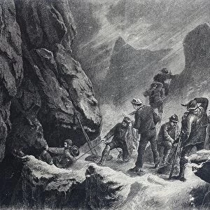 Mountaineer roping out in a chimney, difficult situation in the mountains, 1880, Switzerland, Historic, digitally restored reproduction of an original 19th century painting