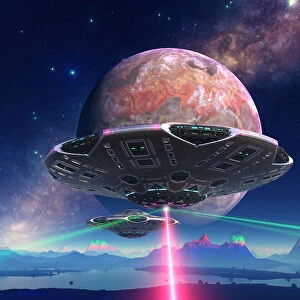 Spaceship firing on alien planet, illustration