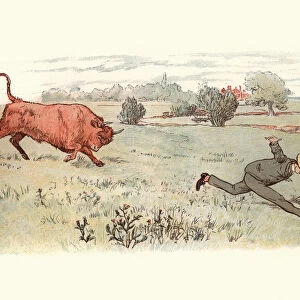 Victorian man being chased through field by an angy bull