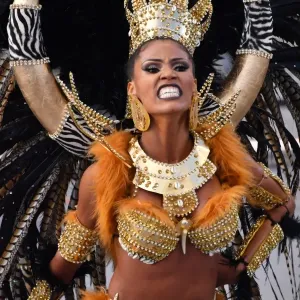 Print of a dancer performing at the Sambadrome in Sao Paulo, Brazil Print of a dancer performing at the Sambadrome in Sao Paulo, Brazil