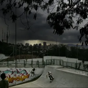 Brazil Weather Print: Skateboarder in Sao Paulo Half Pipe Brazil Weather Print: Skateboarder in Sao Paulo Half Pipe