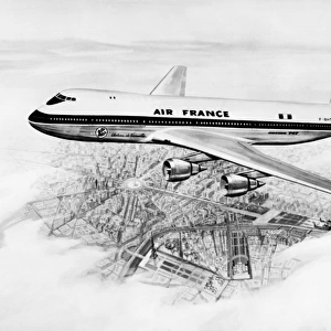 Concept artist shows an Air France Boeing 747 flying over Paris, September 18, 1966