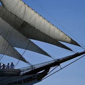 Crew members of Portuguese sailing boat Sagres sail in Tejo River in Lisbon on July 19 Crew members of Portuguese sailing boat Sagres sail in Tejo River in Lisbon on July 19