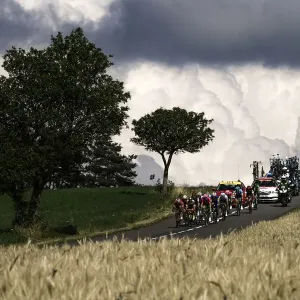 Print of cyclists in a breakaway group riding through the Cevennes region Print of cyclists in a breakaway group riding through the Cevennes region