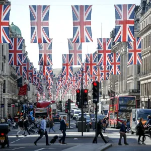 Print of Union flag decorations in Regent Street, London Print of Union flag decorations in Regent Street, London
