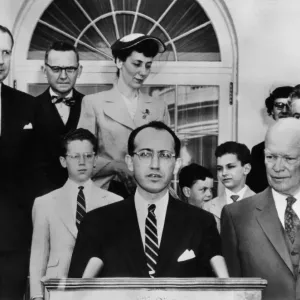Print of Dr Jonas E. Salk speaking at a White House ceremony