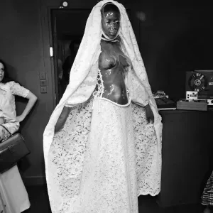 Print of a 1973 Paris fashion model in a Paco Rabanne wedding dress Print of a 1973 Paris fashion model in a Paco Rabanne wedding dress