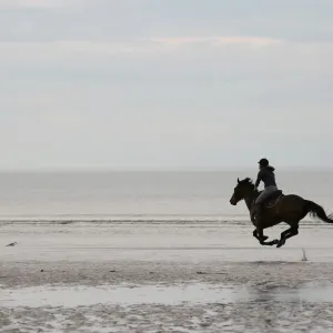 Print of a woman riding her horse on a Normandy beach Print of a woman riding her horse on a Normandy beach