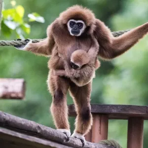 Print of a white-handed gibbon mother and infant Print of a white-handed gibbon mother and infant