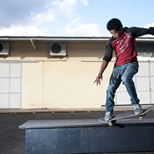 Malagasy skater Lofo, 20, rides and trains at the skateboarding ground especially