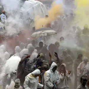 Print of People participating in a flour war on the streets Print of People participating in a flour war on the streets
