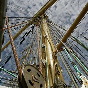 Photo shows the rigging of a tall ship docked at the Lithuanian Baltic Sea port of
