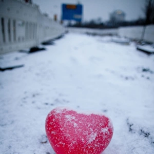 A red heart-shaped balloon lays in the snow on Februray 14, 2012 in Frankfurt / M. western Germany