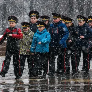 Print of Russian cadets marching in Moscow