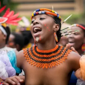 Print of women in traditional South African outfits dancing in the streets