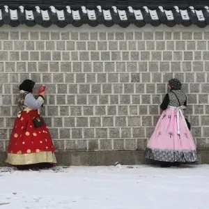Print of Visitors in Hanbok at Gyeongbokgung Palace