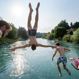 Switzerland Summer Print: Young Men Jump into River Aare Switzerland Summer Print: Young Men Jump into River Aare