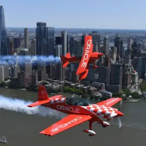Print of two aerobatic pilots flying down the Hudson River