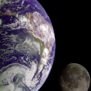 Print of the Earth and Moon captured by the Galileo spacecraft in 1992