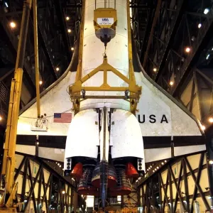 Print of the Space Shuttle Columbia in the Vehicle Assembly Building