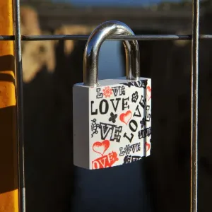 A view of a love lock attached by a couple on a bridge overlooking