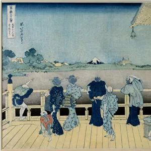 Admiring Mount Fuji from a house on stilts. From the serie 36 views of Mount Fuji