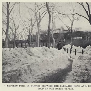 Battery Park in Winter, showing the Elevated Road and, beyond, the Roof of the Barge Office (b / w photo)