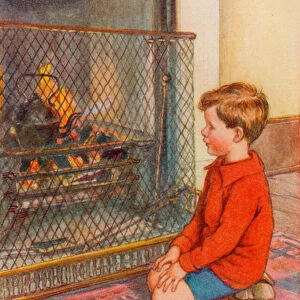Boy waiting for a kettle to boil (colour litho)