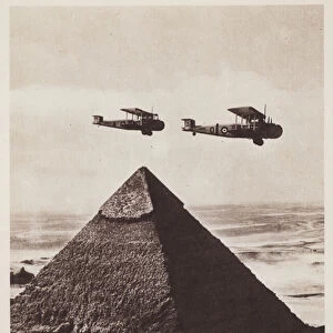 British troop carrier aircraft of the RAF flying over the Pyramids, Giza, Egypt (b / w photo)
