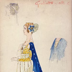 Costume draws watercolor by Giuseppe Palanti (1881-1946) for the character of Juliet for the ballet "Romeo and Juliet"by Piotr or Petr Ilyich Tchaikovsky (or Tchaikovsky or Ciajkovskij or Tchaikowsky)