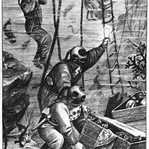 Divers finding pirates treasure, 1897 (litho) (b / w photo)