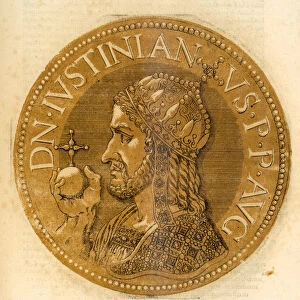 Eastern Roman Emperor Justinian I (colour litho)