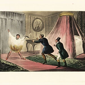 English gentleman lighting his nightshirt on fire with a candle. 1900 (chromolithograph)