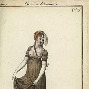 Fashionable woman in nipple-revealing crepe dress, 1800 (handcoloured copperplate engraving)