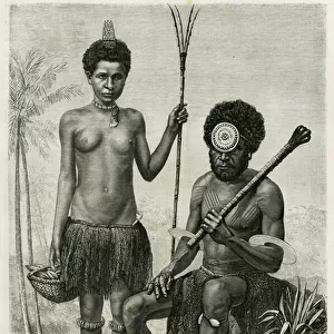 Fijian couple. Engraving by E. Ronjat to illustrate the story Promenades en Oceanie